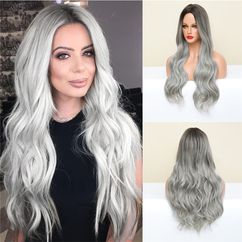 Foreign trade wig women's gradient gray long curly hair wigs European and American fashion long hair large wave headgear stock is sufficient Foreign trade wig women's gradient gray long curly hair wigs European and American fashion long hair large wave headgear stock is sufficient