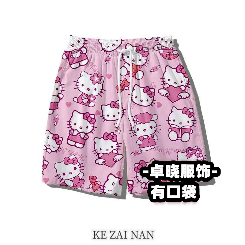 Cute Cartoon Hello Kitty Casual Shorts Men's and Women's Summer Loose Beach Pants Ins Basketball Pants Sports Pants