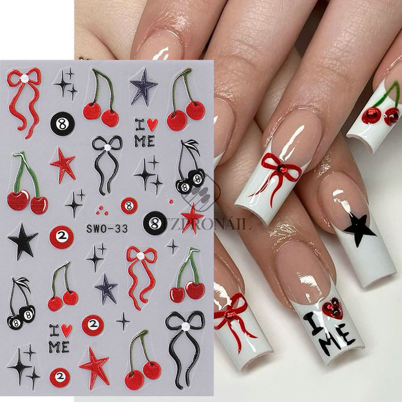 Net Celebrity Hot Nail Art Stickers New Cherry Bow Love Star Mans Japanese Embossed Adhesive Nail Stickers