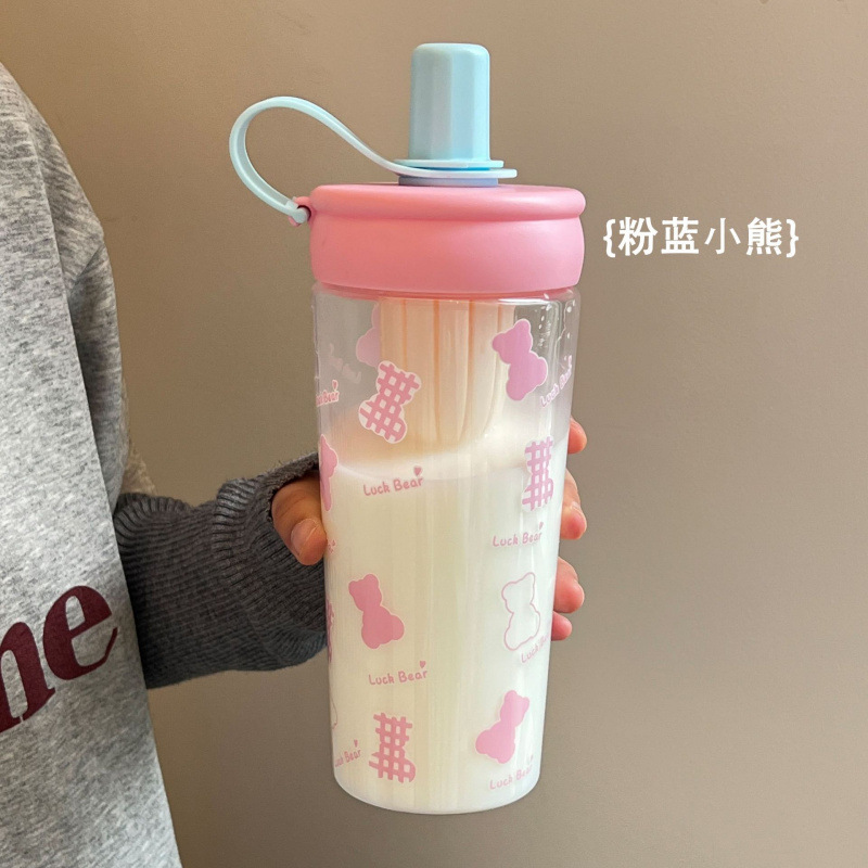 ハンドル付きティーバンクウォーターカップ、見栄えの良い漫画学生ダブルコンパートメントプラスチックウォーターカップ、大容量茶水分離ストローカップ|undefined