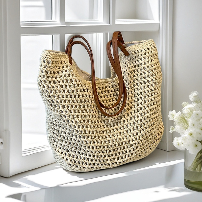 Hand-Woven Cotton Thread Bag Large Capacity Beach Bag Handbag Casual Cut Out Shoulder Bag Female Ins Style Ancient Style