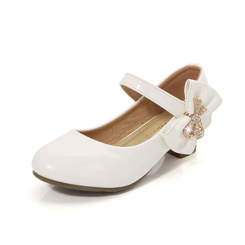 Zapatos de tacón alto para niñas, zapatos de cuero de rendimiento para niños, color blanco y negro y rosa, vestido de princesa para niños medianos y grandes, zapatos de rendimiento para estudiantes de primaria