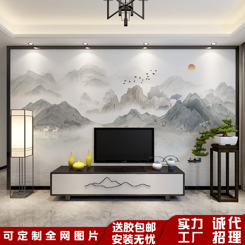 新中式壁纸风景山水画壁布客厅电视背景墙墙纸茶室办公室沙发墙布