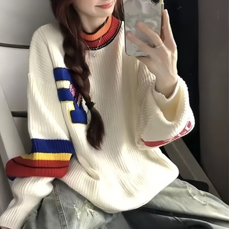 秋冬新款韩系撞色设计感圆领套头毛衣女宽松大码慵懒风上衣针织衫|undefined