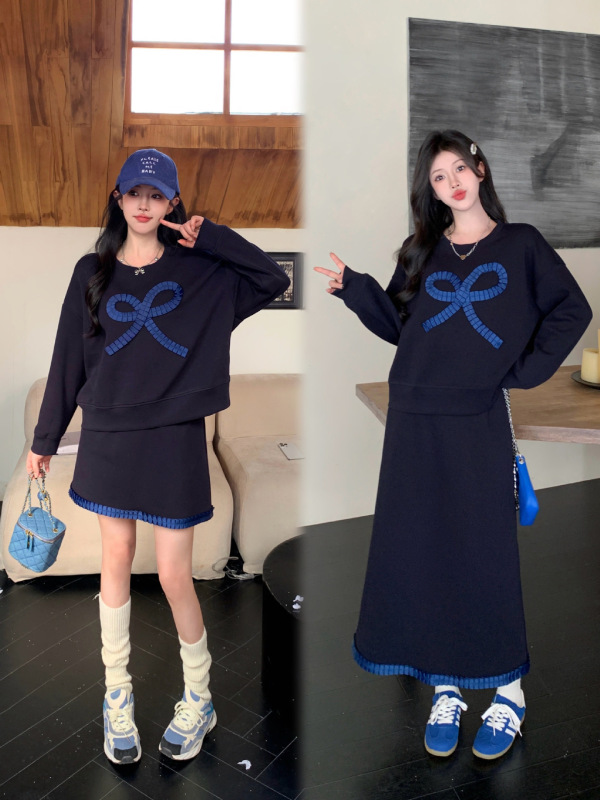 大码女装2025秋季新款高级感蝴蝶结卫衣半身裙洋气显瘦两件套|undefined