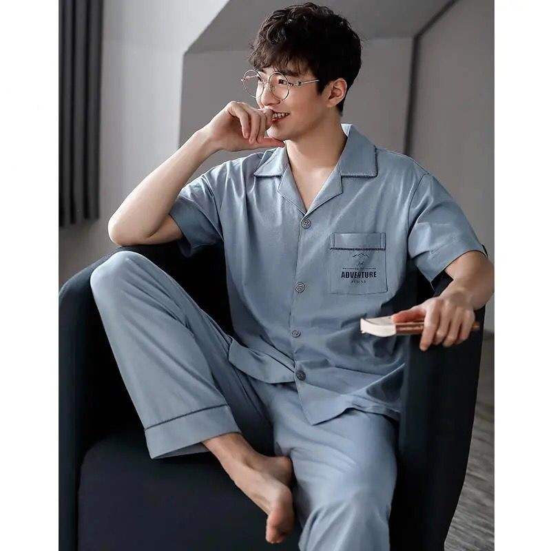 Pijamas de hombre verano 100% algodón de manga corta pijamas delgados cardigan de los hombres juventud Primavera y otoño traje de desgaste para el hogar