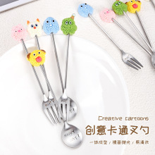 不锈钢卡通勺子创意树脂头叉子咖啡搅拌勺水果叉卡通甜品勺叉子