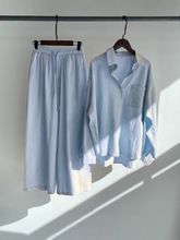 速卖通跨境2025春季复古气质加大码女装高腰宽松阔腿长裤衬衫套装