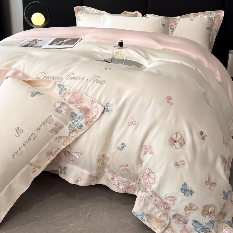 High-End Washed Tencel Embroidered Four-Piece Set, Summer Ice Silk Cool-Feel Light Luxury Style Duvet Cover, Bed Sheet, and Bedding for Sleeping Naked High-End Washed Tencel Embroidered Four-Piece Set, Summer Ice Silk Cool-Feel Light Luxury Style Duvet Cover, Bed Sheet, and Bedding for Sleeping Naked