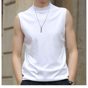 Summer New 2025 Men's Vest Sleeveless T-shirt Men's Semi-high Collar Solid Color Slim-fit Instagram Style Vest Trend