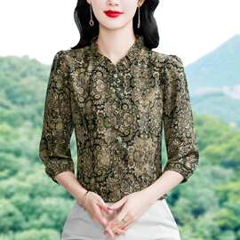 东南亚春夏新款优雅气质印花显瘦减龄七分袖衬衣女一件代发跨境
