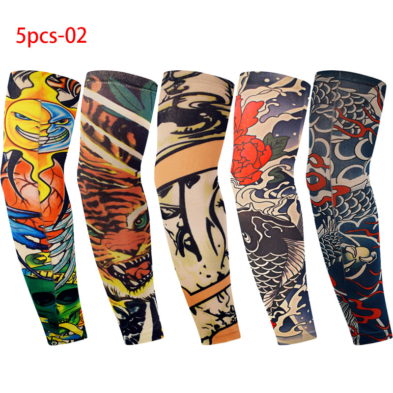 跨境5只组合男女刺青仿真花臂纹身袖套Tattoo Sleeve骑行防晒冰袖