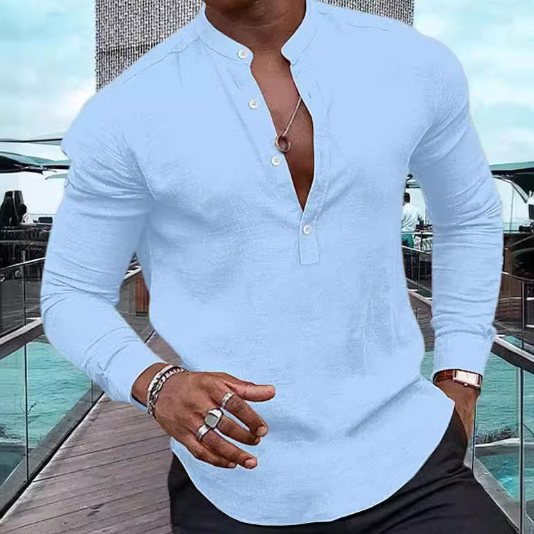European and American Men's Clothing Wholesale, Men's Casual Shirts, Long-Sleeved Solid Color Half-Henley Collar Tops