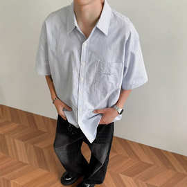 日系复古条纹衬衣男宽松别致短袖夏季薄款设计感小众半袖翻领衬衫