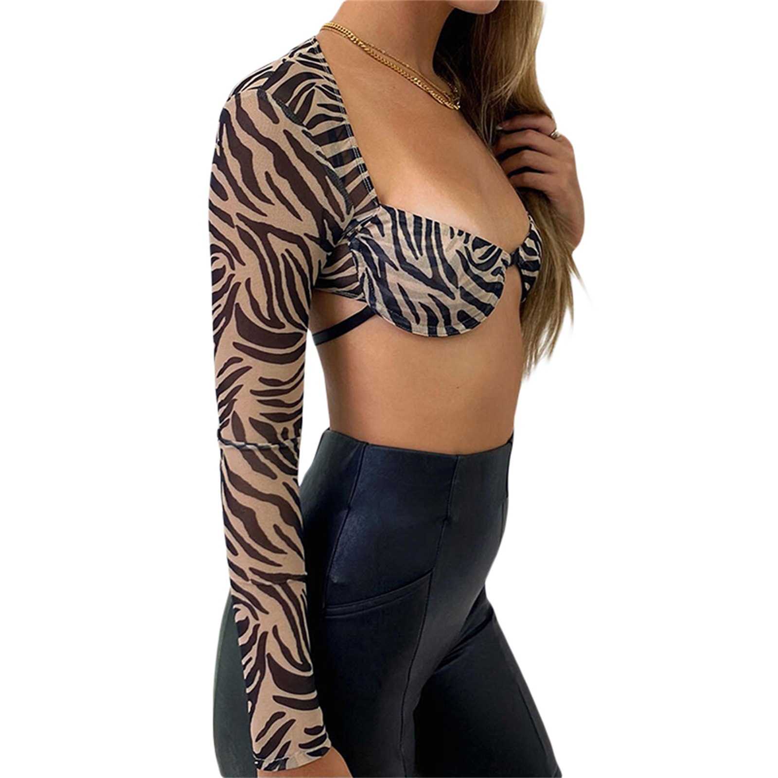 zebra Print Slim Long Sleeve Short wrap chest waistless Top NSYDL128020