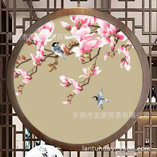 Translucent Gauze Silk Leather Background Wall Cloth Single and Double-Sided Embroider Decorative Painting Heart Screen Entrance Magnolia Flower and Bird