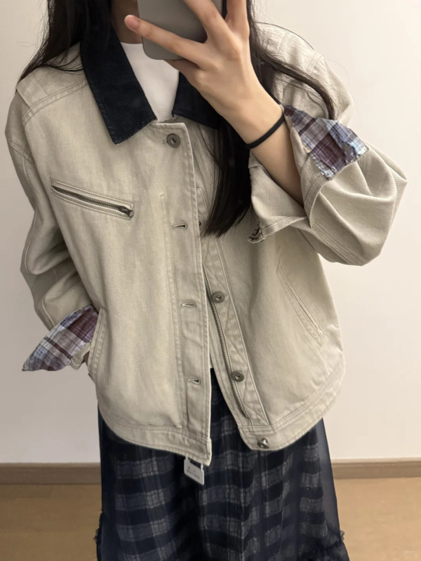 美式复古水洗拼接领工装外套女2025秋季新款宽松休闲短款夹克上衣|undefined