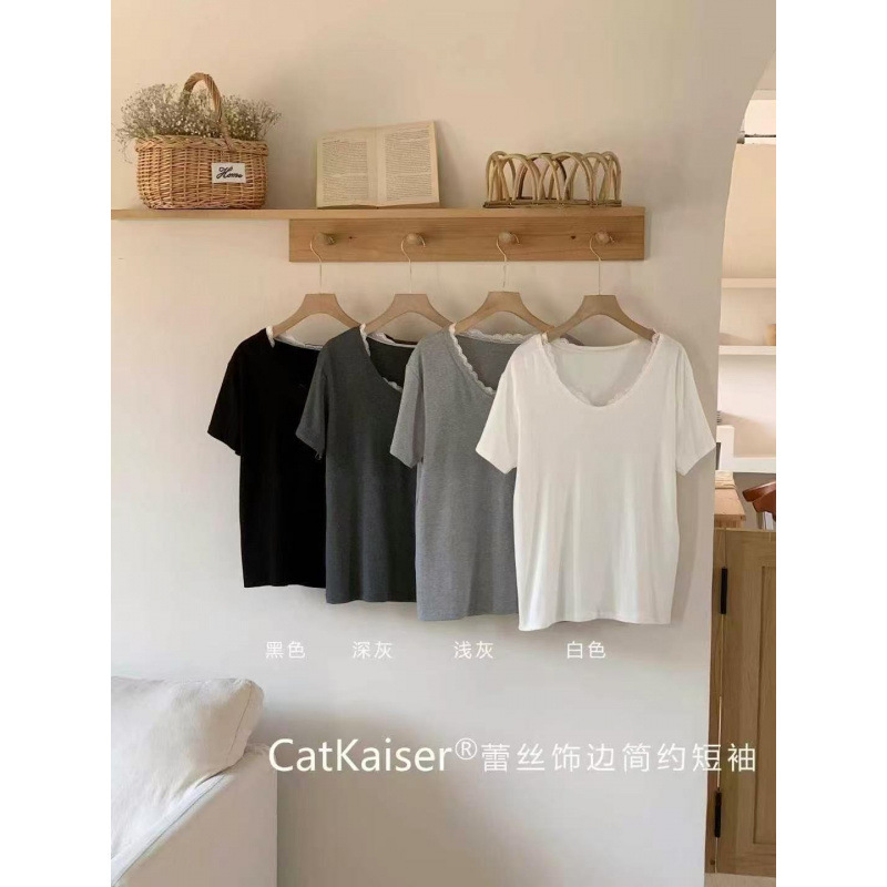Catkaiser Lace-Trimmed Simple Short-Sleeved White Solid Color T-Shirt for Women, Versatile Round-Neck Top for Summer