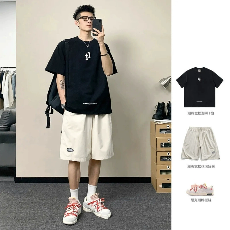 Двухслойная модная американская футболка с коротким рукавом для мужчин, лето 2025, свободная повседневная базовая рубашка для пар