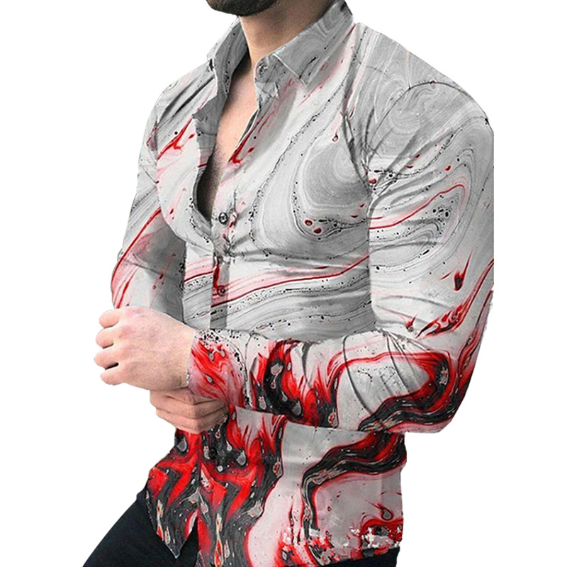 Comercio exterior 2023 primavera nuevos hombres gradiente de impresión digital solapa camisa de manga larga camisa casual de los hombres