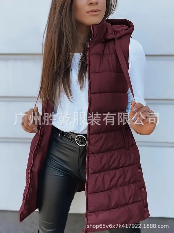 跨境爆款欧美2025亚马逊外贸纯色连帽拉链棉马甲外套女装中长款女|undefined