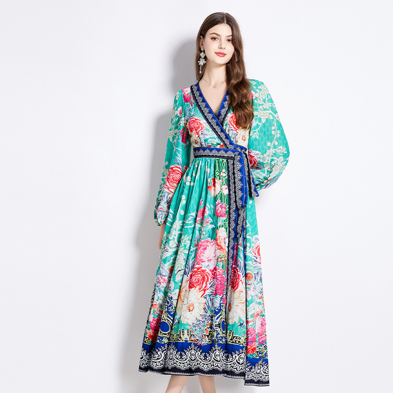 Cross-Border Amazon Women's V Resort Style Versatile Collar Ethnic Style Long-Sleeved Printed Waist Tie Long Dress