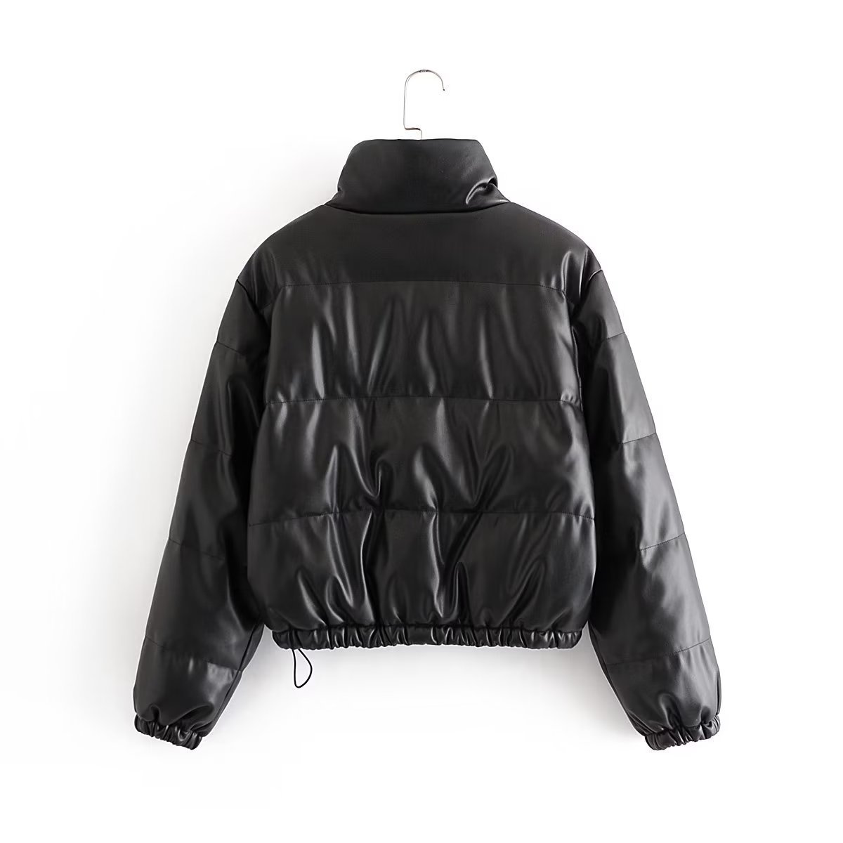 Women's Clothing Fashionable PU Faux Leather Jacket With Cotton Filling, Stand Collar, Minimalist Urban Casual Coat For Winter (Khaki/Black/Brown)_ecoleips.com