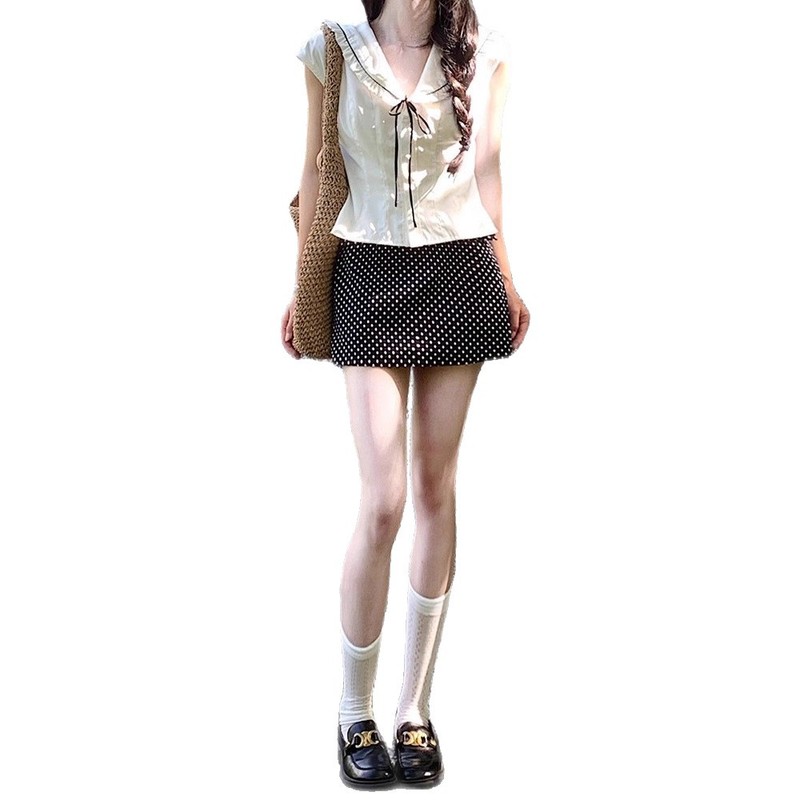 甜美海军领修身显瘦木耳边衬衫波点半身裙女2025夏季新款时尚套装|undefined