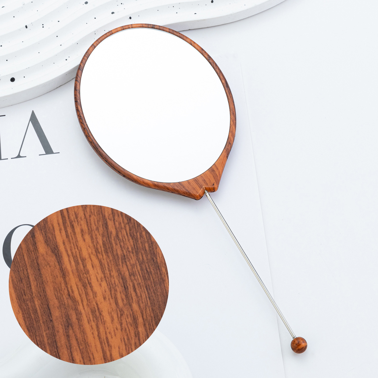 Espejo pequeño con cuentas de bricolaje, espejo de maquillaje portátil, espejo de grano de madera de mano ovalado, espejo de maquillaje con mango para niñas