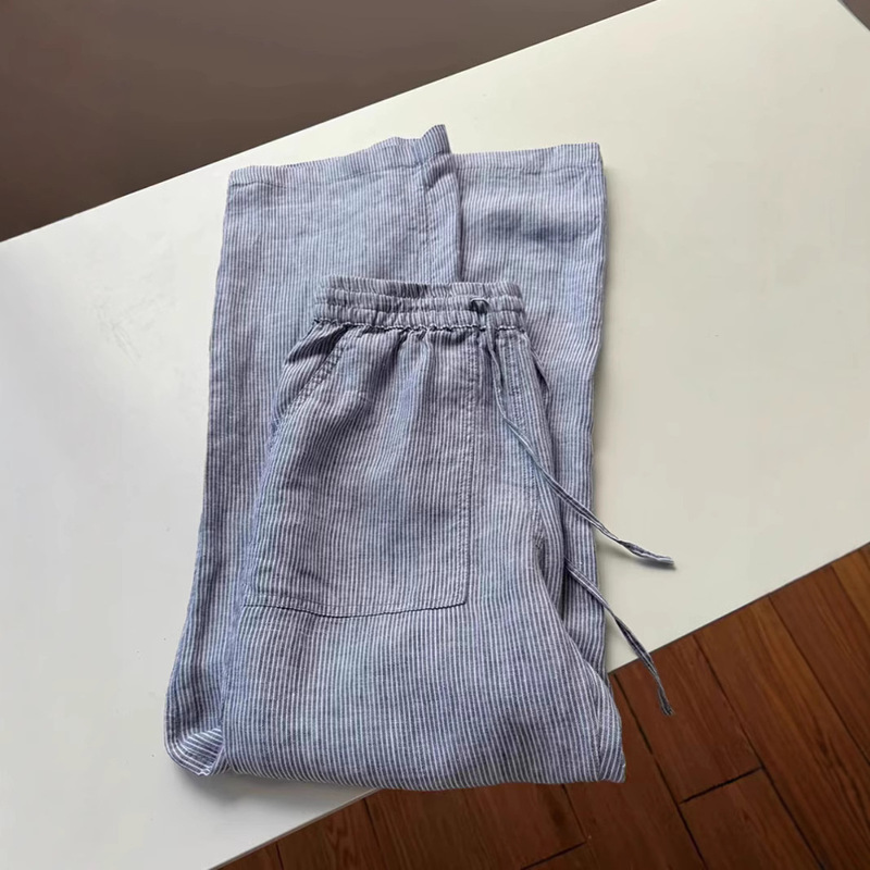 Angry Push, Lazy and Relaxed Straight Casual Pants Women's Spring and Autumn New Linen Striped Drawstring Comfortable All-match Pants