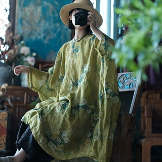 轻定制苎麻印花色彩绚丽超大袍子宽松连衣裙2180翠竹