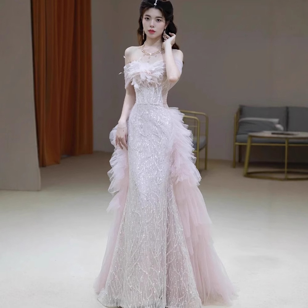 Vestido de noche de un solo hombro, novedad de verano 2026, vestido rosa de compromiso, vestido de lujo de alta gama para brindis de boda, para novia image 3