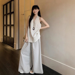 法式感气质V领背心上衣女2025年夏季宽松休闲裤条纹裤两件套