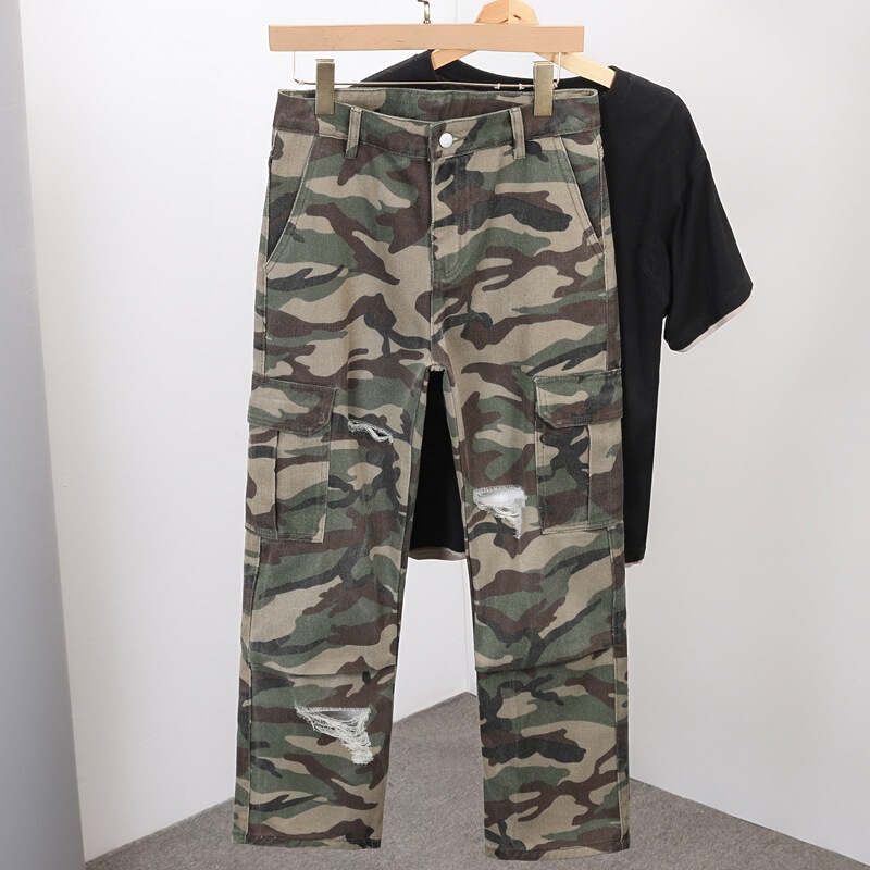 Cross-Border Exclusive Supply: Men's Camouflage Workwear Jeans, American Retro Loose Straight-Leg Ripped Wide-Leg Pants
