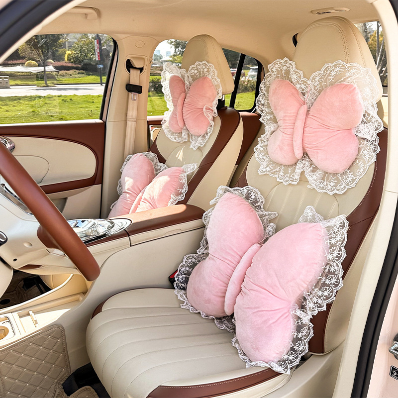 Creative Bow Car Headrest and Waist Support Cross-Border New Product Car Cushion Neck Pillow Plush Car Waist Support Cushion