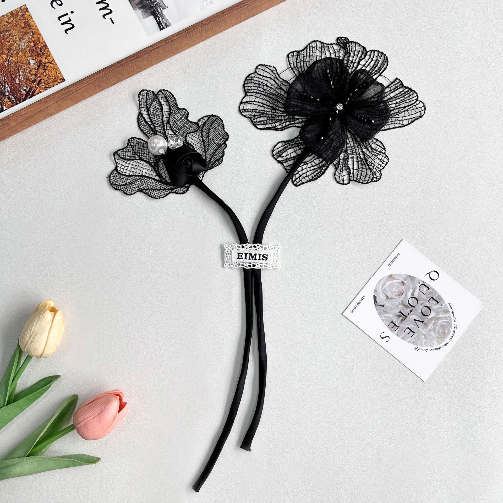 Flor de malla negra ornamentos de cabello de perlas de diamante temperamento elegante correa de cabello vestido material de decoración de camisa
