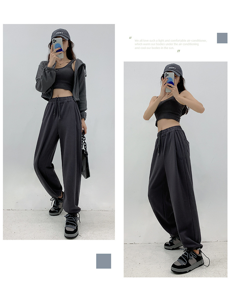 American grey sportswear pants for women in autumn and winter, fleece loose straight-leg casual sweatpants, petite wide-leg pants, trendy ins pic 15