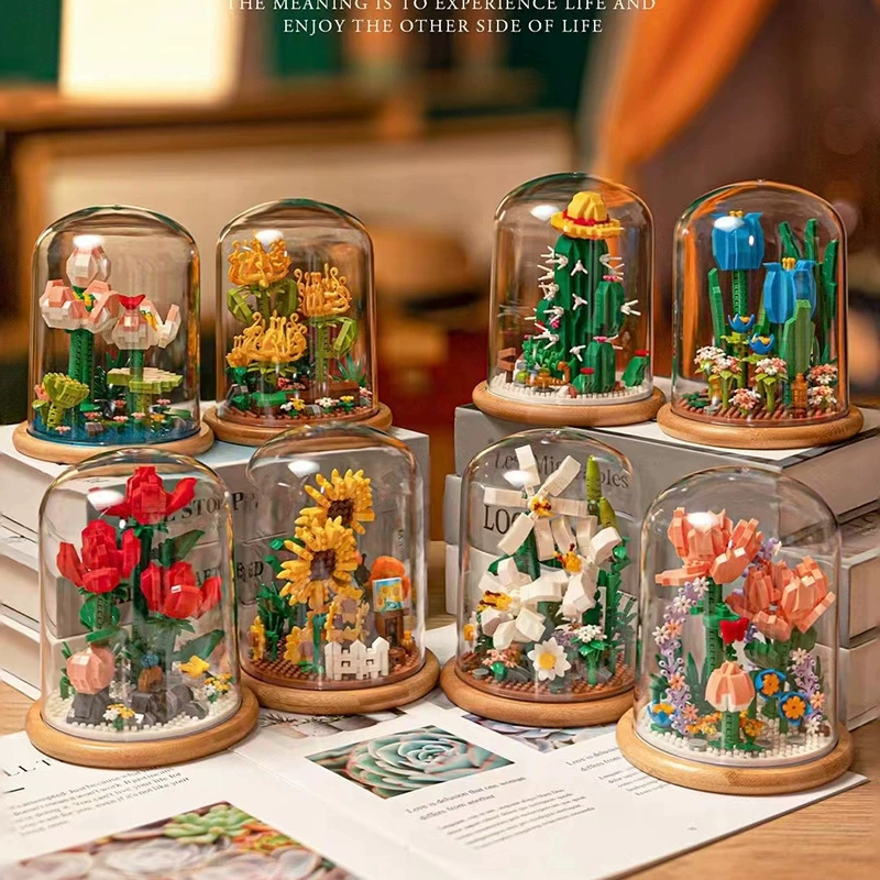 Музыкальная шкатулка-конструктор (Lego) DIY микро-брик цветочный купол, маленькие детали, подарок на День Святого Валентина, 13×13×16.3 см