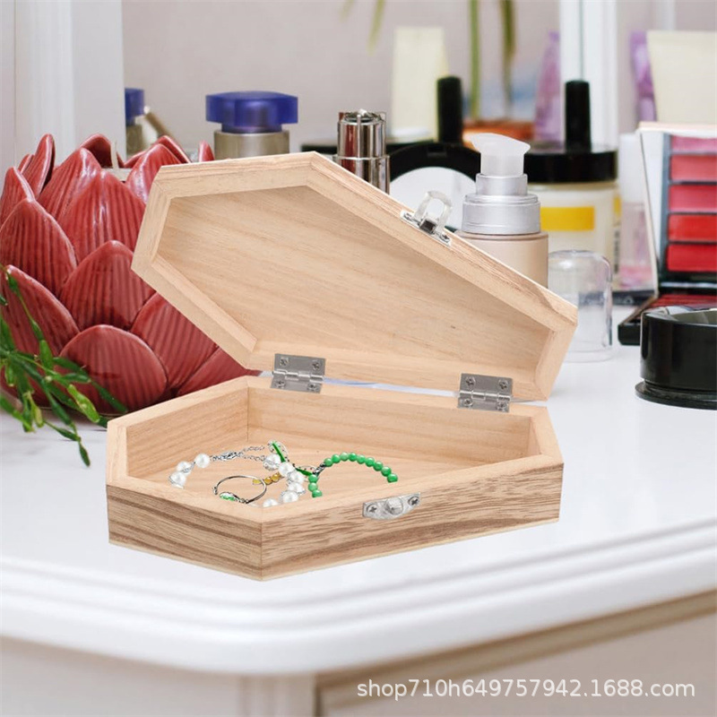 Wooden Halloween Ornaments Jewelry Box Clamshell Jewelry Storage Box Creative Coffin Shape Solid Wood Jewelry Box
