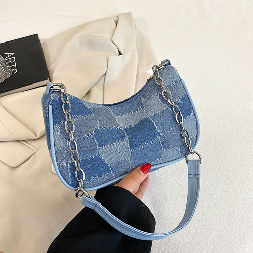 Denim bags for women  popular new trendy fashion casual simple baguette bag chain retro portable shoulder bag