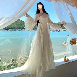 希腊女神白富美千金露肩泡泡长袖显瘦拖尾长裙约会度假出片连衣裙