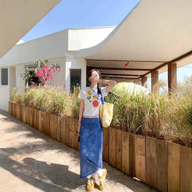 曾小咸~ 小清新蓝色碎花半身裙女高个子气质半截裙后开叉包臀长裙