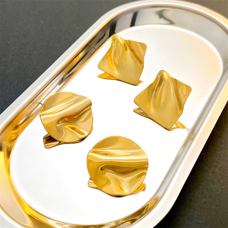 跨境新款钛钢褶皱几何耳环ins风欧美复古光面不规则耳环中古耳饰|undefined