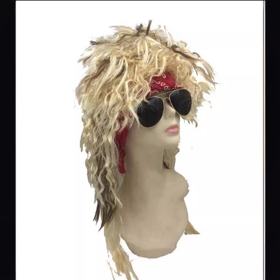 Europa y América 80's vintage mecedora estilo largo y rizado pelo mullido maíz caliente fideos instantáneos rollo negro explosión cabeza roca peluca