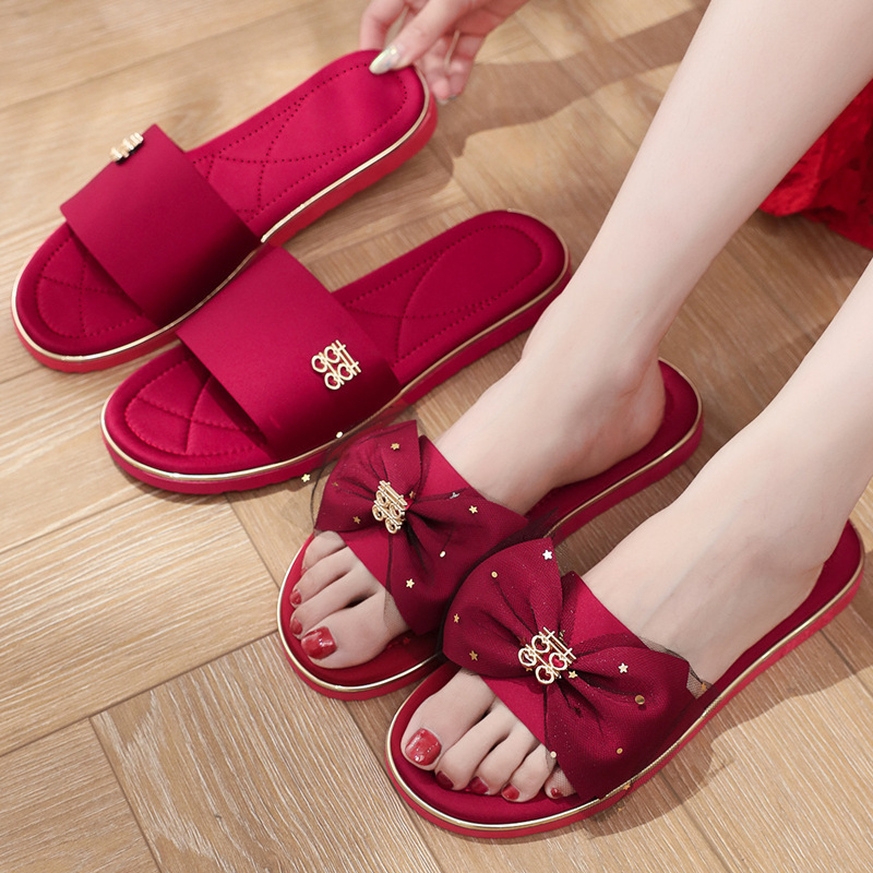Red Festive Pair of Wedding Slippers Bride Slippers Wedding Slippers Newlywed Slippers