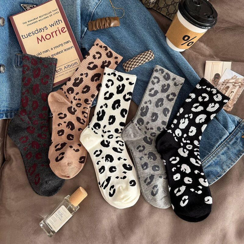 Internet Popular Ankora Leopard Print Miu European Leopard Print Women's Autumn and Winter Cotton Socks Sweat Absorbing Breathable Outer Wear High Waist Stacked Socks