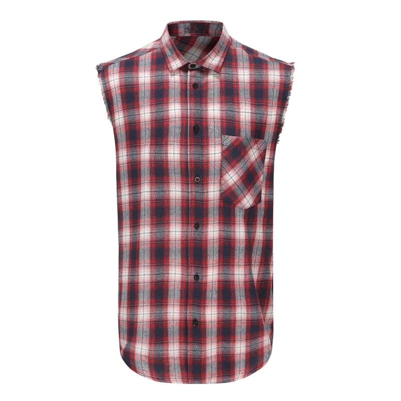 Amazon Fashion Trend Plaid Sleeveless Vest Shirt, Large Size Turn-down Collar Men's Muscle Plaid Shirt