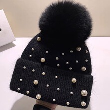 秋冬新款毛线帽子女秋冬天加厚保暖护耳兔毛帽子真狐狸毛球针织帽