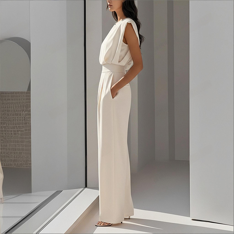 2026 Spring New Women's Clothing, Fashion Casual Commuter Solid Color Crew Neck Pleated Jumpsuit_ecoleips.com