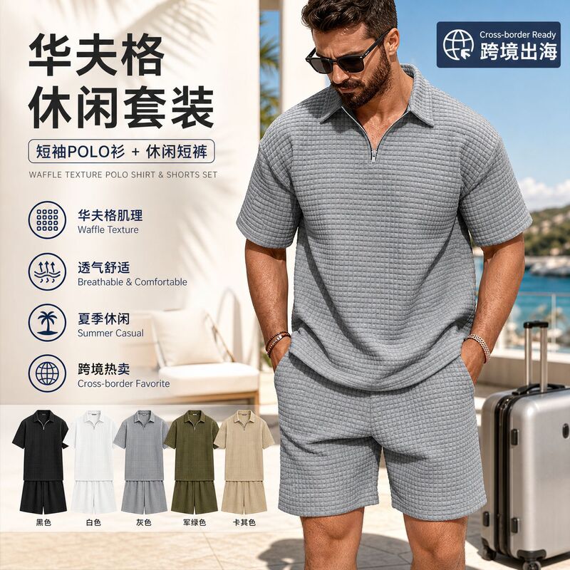 Men's Summer Suit, New Foreign Trade Style, Trendy Casual Fashion, Waffle Pattern, Comfortable Solid Color Polo Shirt Sports Suit Men's Summer Suit, New Foreign Trade Style, Trendy Casual Fashion, Waffle Pattern, Comfortable Solid Color Polo Shirt Sports Suit